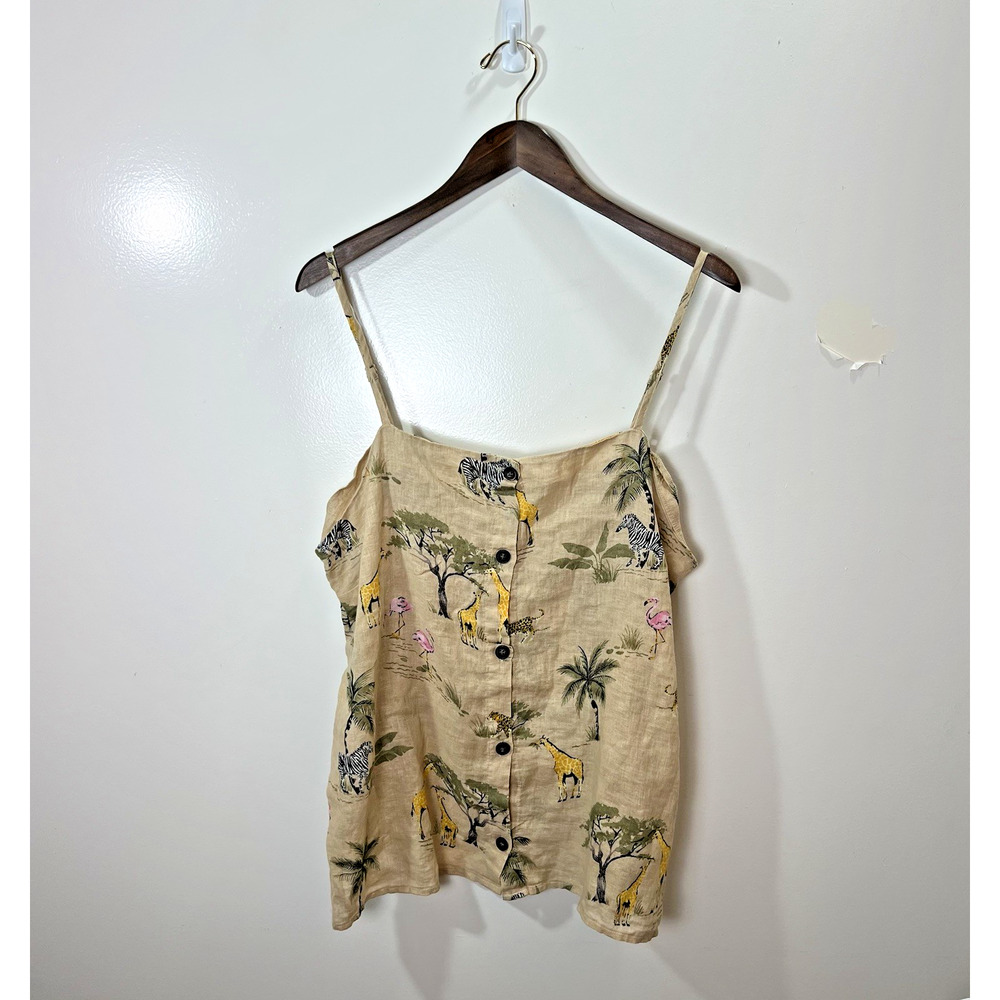 Old Navy Women's Linen‎ Blend Tank Top Size XL Beige Safari Animal Print Travel